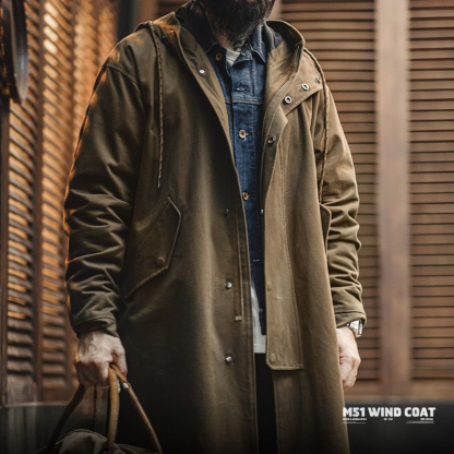 美式復古M51磨毛連帽風衣軍事風寬鬆純棉中長款外套男秋-Retro's Wear