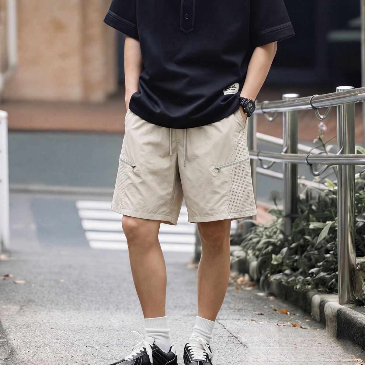 美式休閒拉鍊設計塔絲隆短褲男寬鬆微褶肌理工裝五分褲