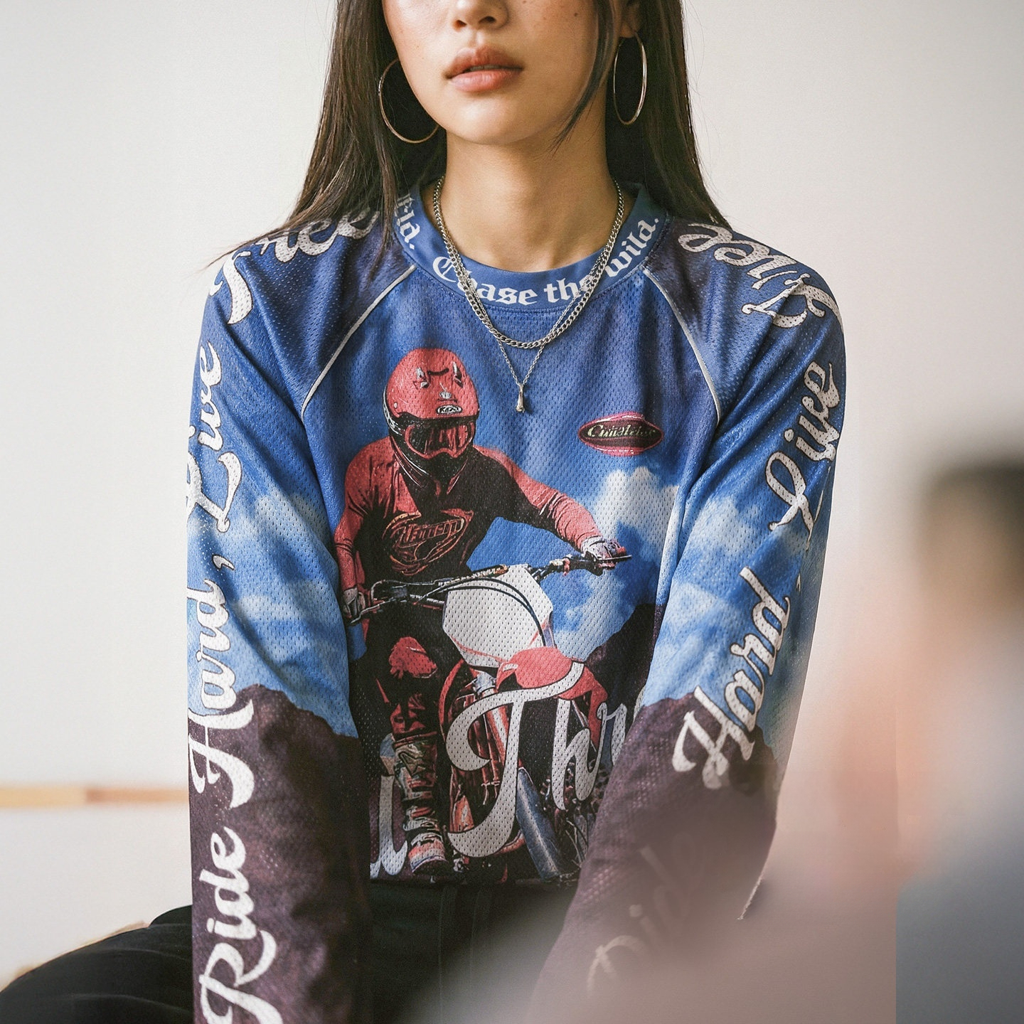 美式復古針織滿印花長袖T恤薄款寬鬆立領套頭外穿上衣女士春