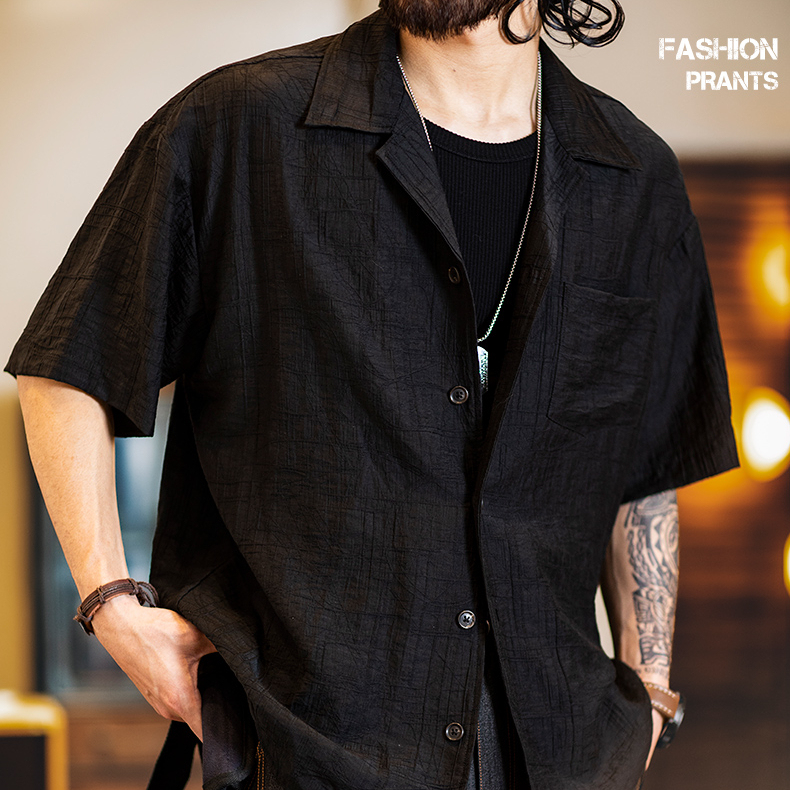 美式古巴領提花短袖襯衫男款夏季2025新款復古萊賽爾天絲t恤男夏