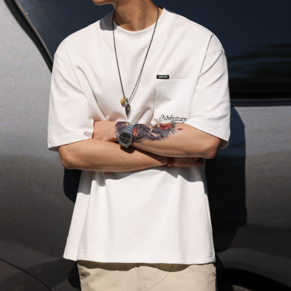 美式休閒立體口袋刺繡短袖T恤男戶外風工裝圓領打底TEE