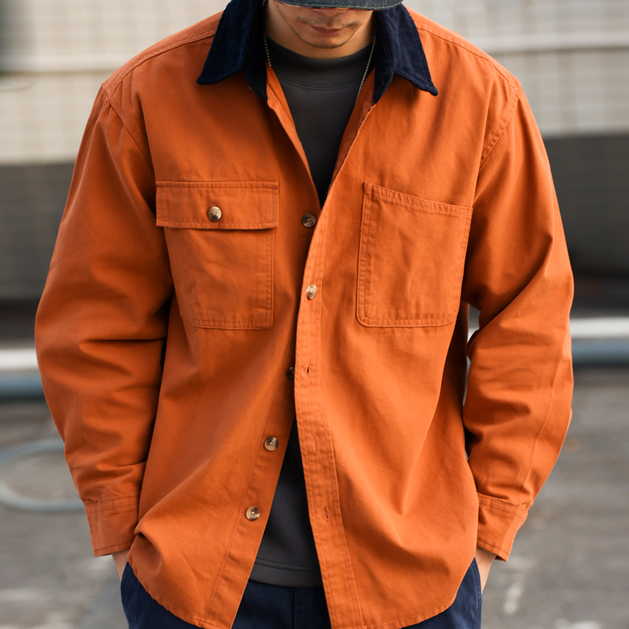 巴恩風復古工裝襯衫男撞色燈芯絨領口痞帥長袖襯衣外套