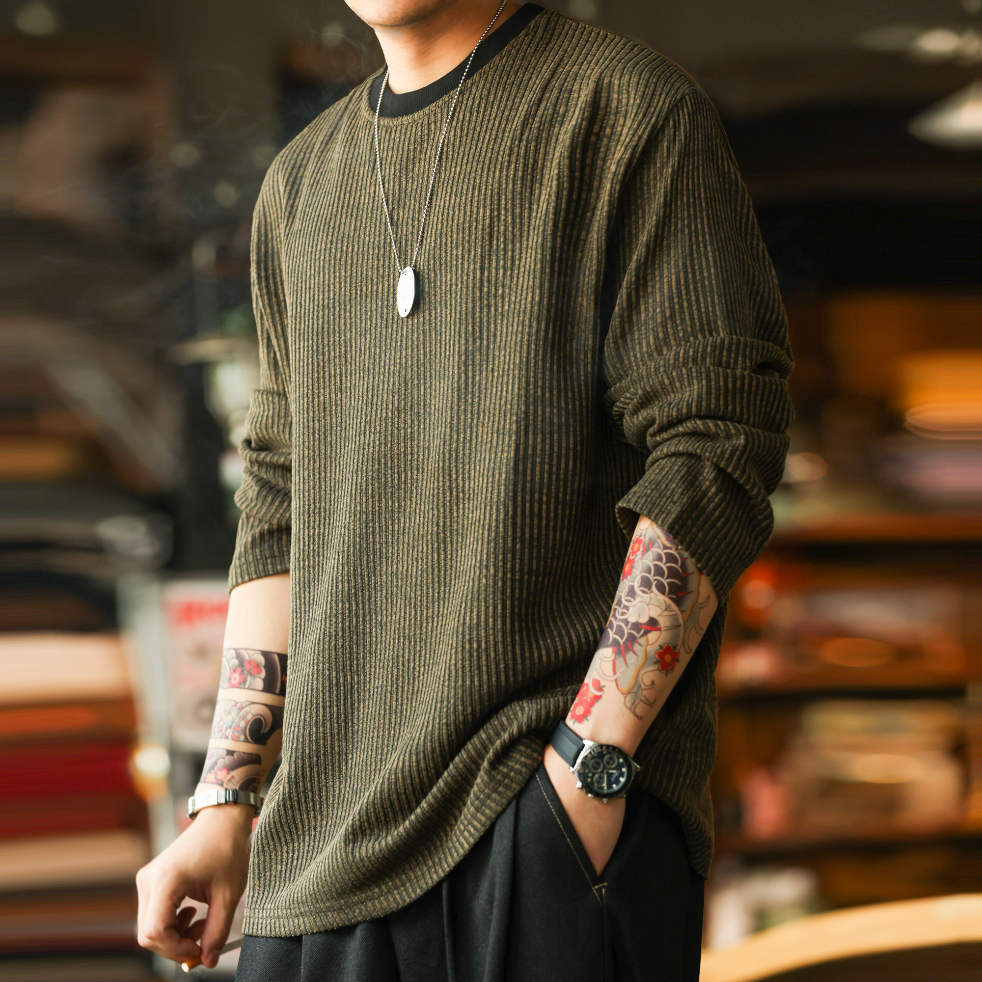 美式復古豎坑條肌理長袖T恤男撞色圓領慵懶感休閒上衣秋