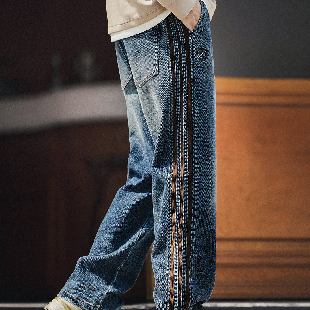 美式復古三條杠燈芯絨拼接牛仔褲男秋冬款休閒寬鬆直筒長褲