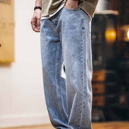 美式淺藍色復古牛仔褲男士春夏2025新款純棉水洗寬鬆直筒褲子男
