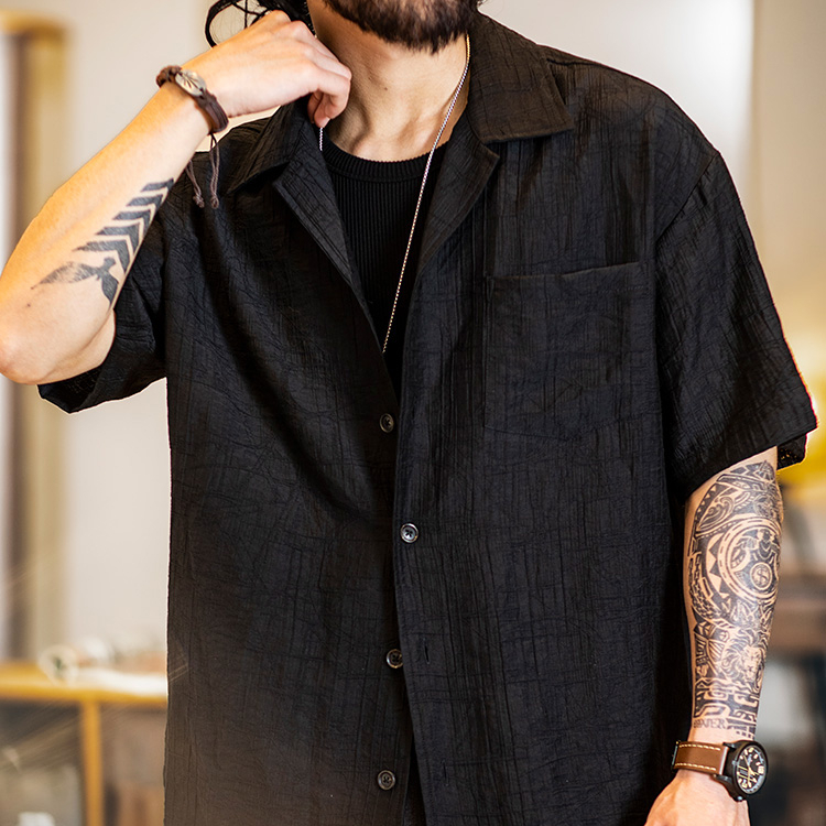 美式古巴領提花短袖襯衫男款夏季2025新款復古萊賽爾天絲t恤男夏