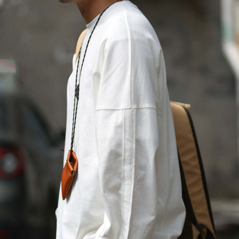 美式休閒重磅拼接袖籠長袖T恤男純棉寬鬆圓領磨瓷白色打底衫-Retro's Wear