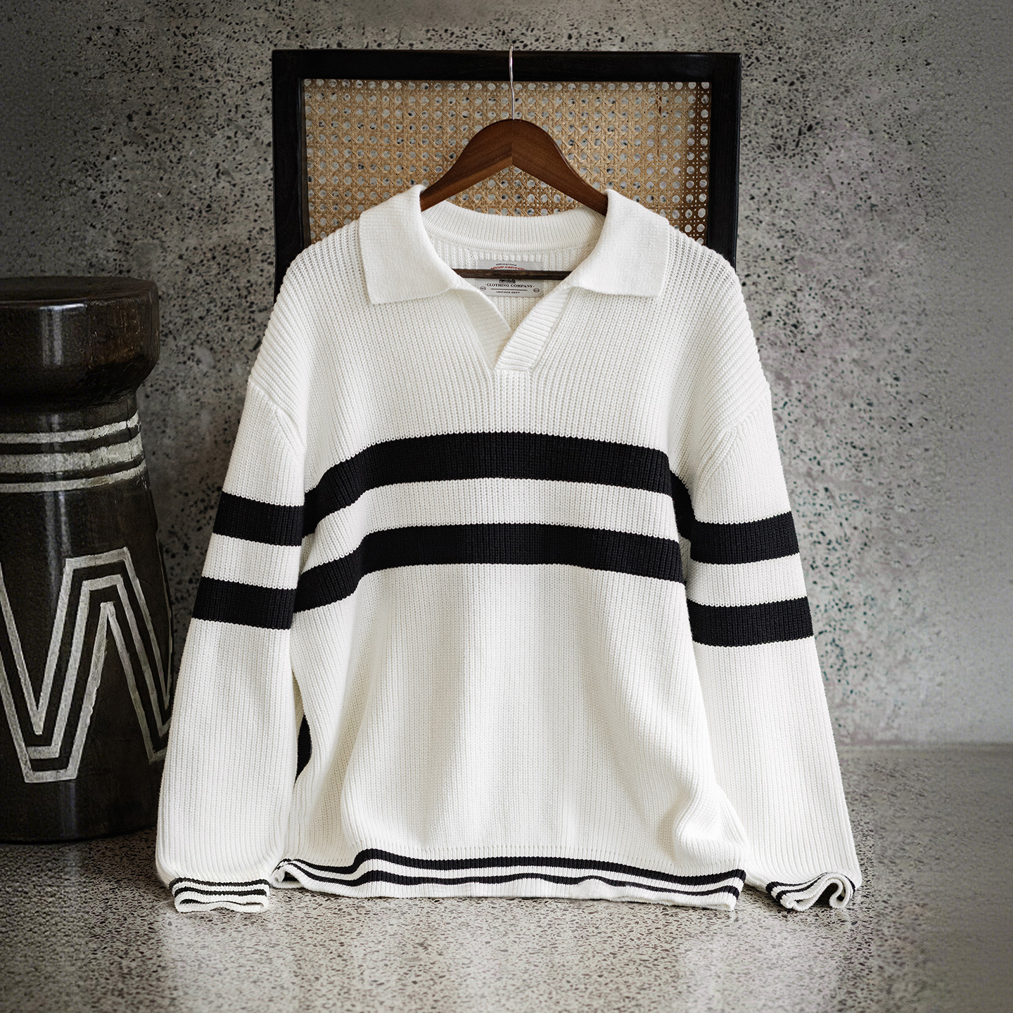 MRA海鷗領polo毛衣條紋套頭V領內搭加絨加厚翻領針織衫潮男冬