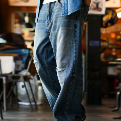 美式復古12盎司破洞補丁牛仔褲男石磨紋理闊腿直筒長褲