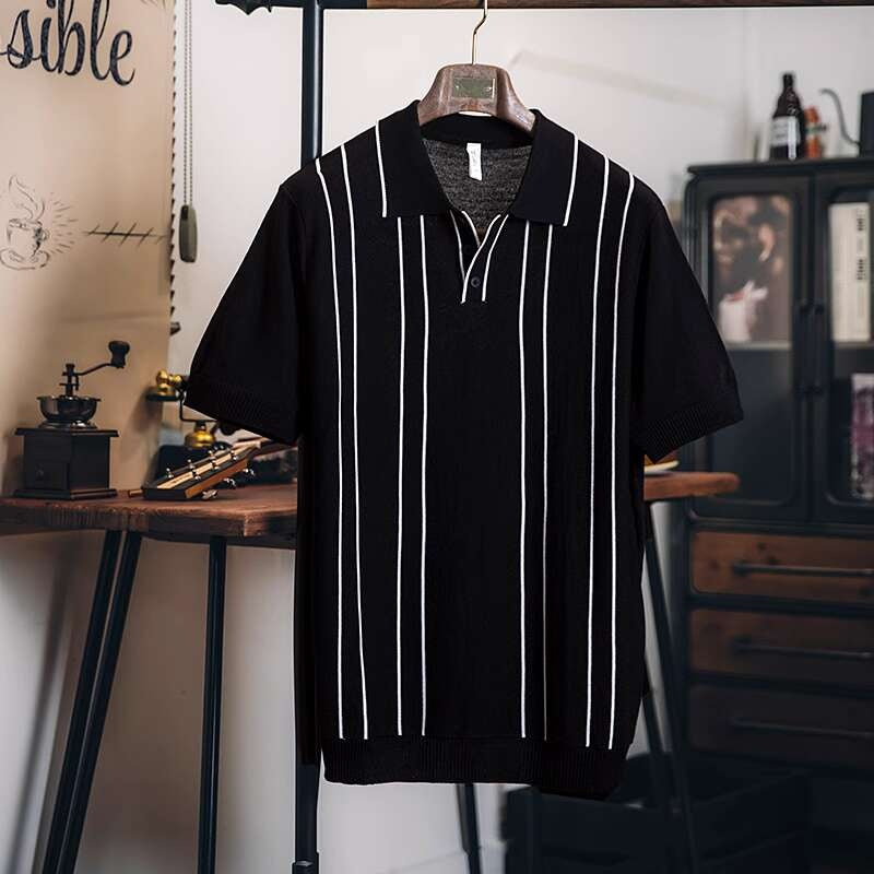 2025新款夏季冰絲針織polo衫男翻領短袖t恤男款休閒條紋上衣