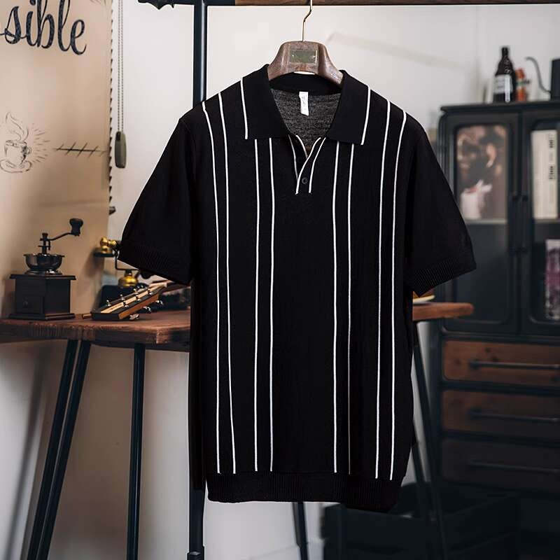 2025新款夏季冰絲針織polo衫男翻領短袖t恤男款休閒條紋上衣