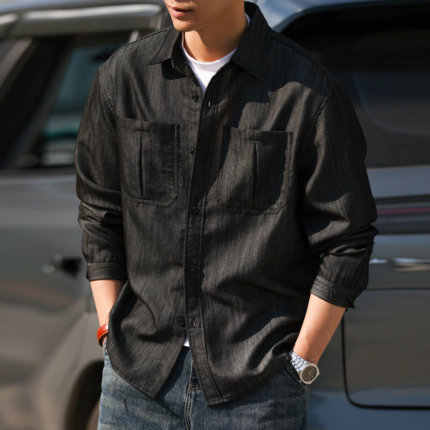 美式復古肌理感仿牛仔長袖襯衫男寬鬆Vintage疊穿襯衣春