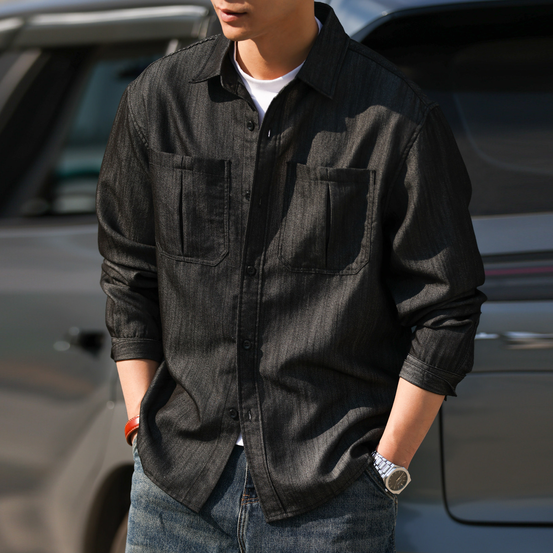 美式復古肌理感仿牛仔長袖襯衫男寬鬆Vintage疊穿襯衣春