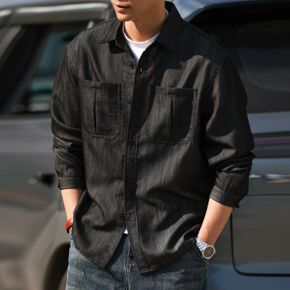 美式復古肌理感仿牛仔長袖襯衫男寬鬆Vintage疊穿襯衣春