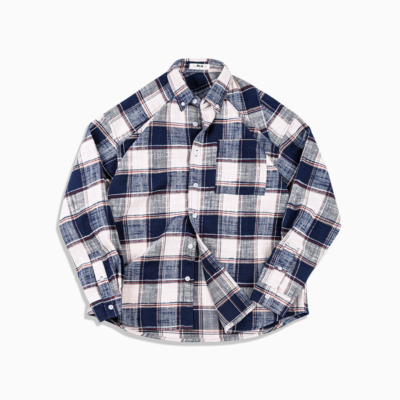 MRA日系撞色藍白條紋長袖襯衫cozyfit鬆弛風大格子外套潮早秋