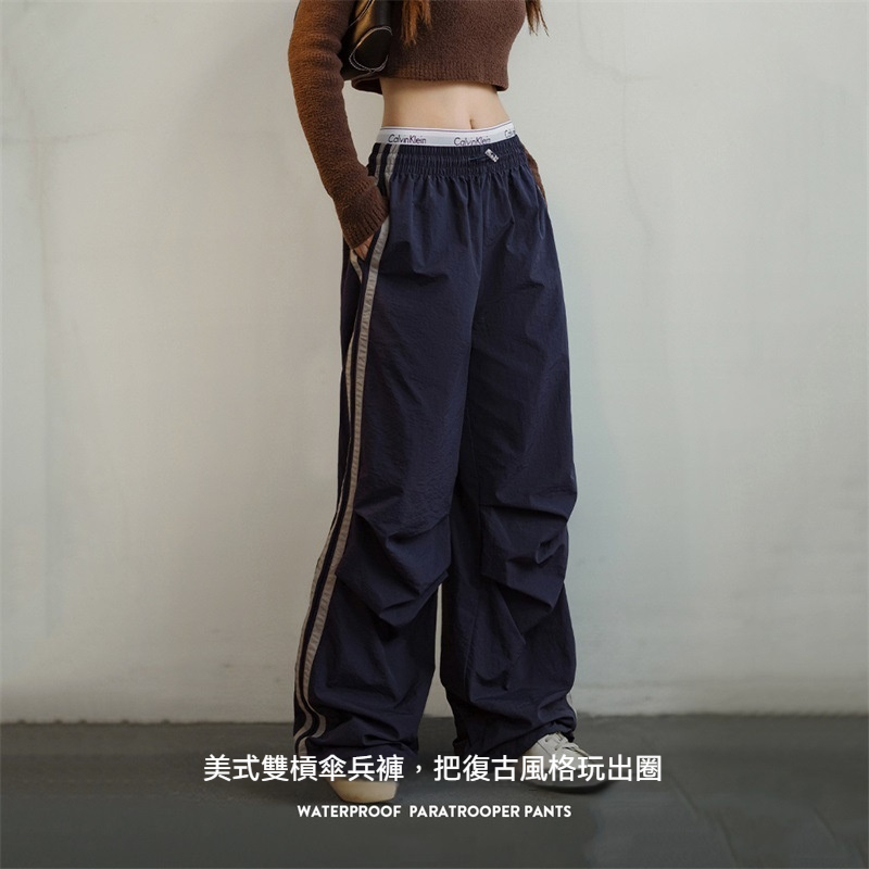 美式條紋傘兵褲防潑水戶外運動直筒褲闊腿工裝褲街舞褲春秋女-Retro's Wear