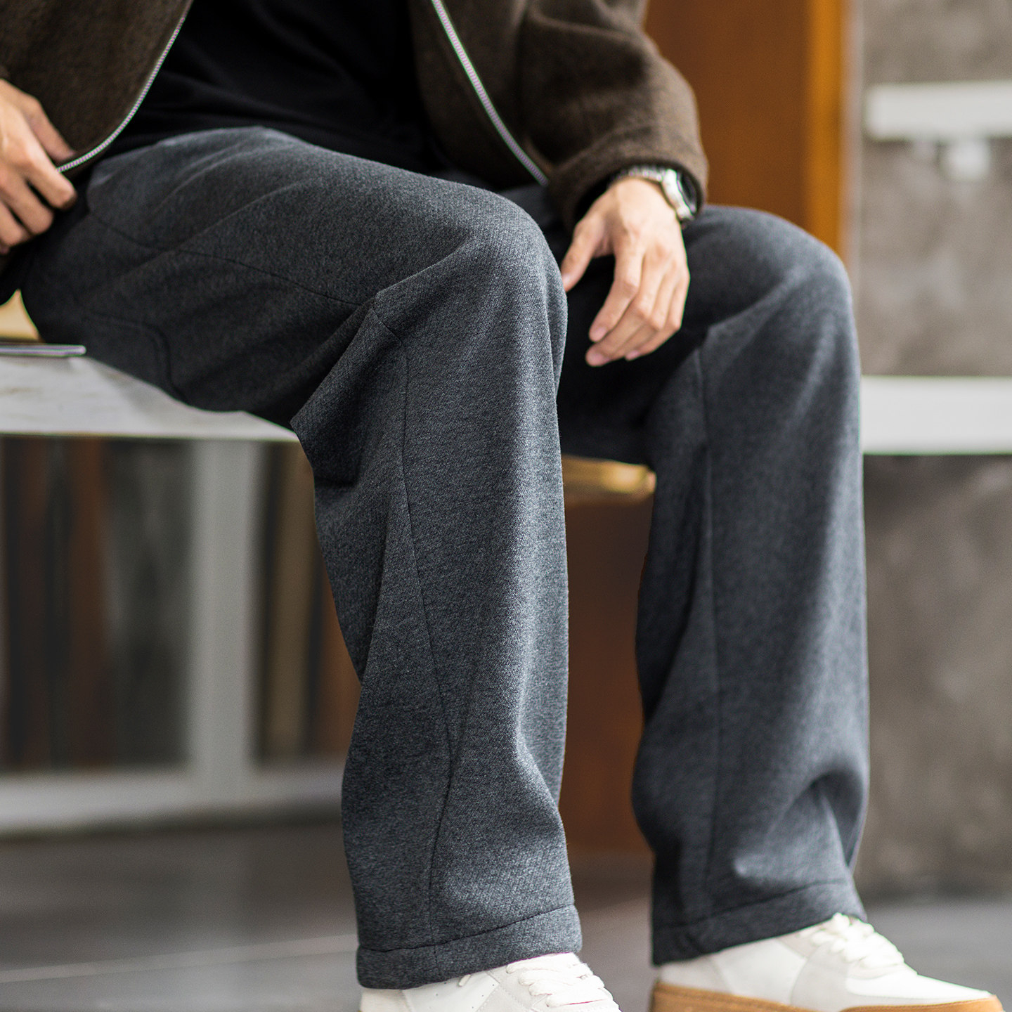 420g含綿羊毛男士加絨直筒休閒褲秋冬複合一體絨保暖寬鬆闊腿長褲