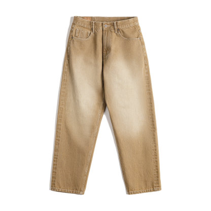 美式復古淺卡其色牛仔褲直筒水洗寬鬆闊腿休閒長褲子男春
