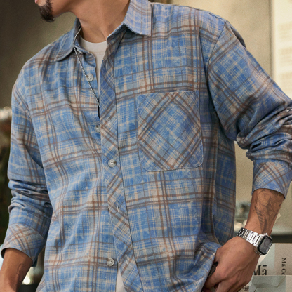 萊賽爾天絲美式復古格子長袖襯衫男2025秋季新款寬鬆翻領襯衣外套