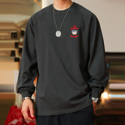 美式重磅300g刺繡長袖T恤男衣擺開衩插肩袖設計打底衫秋