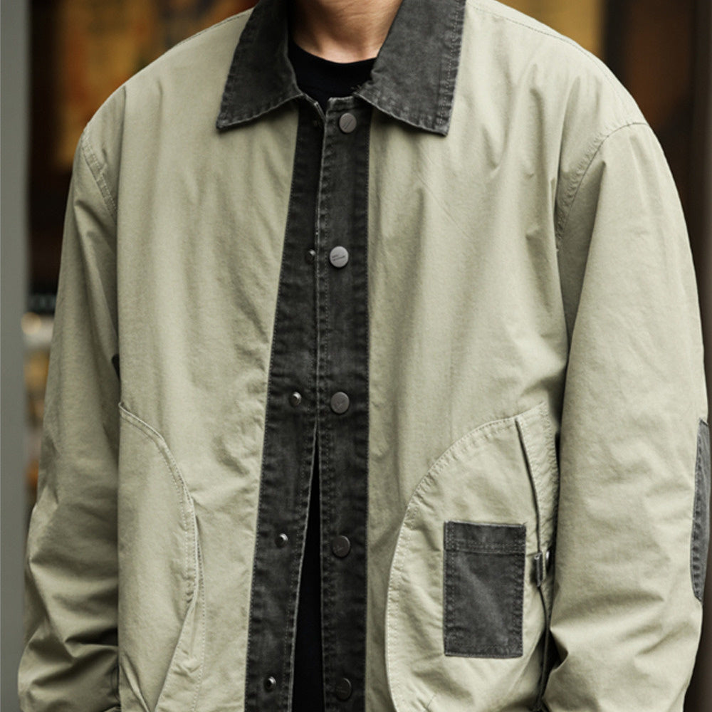 美式復古工裝G9哈靈頓夾克男撞色拼接翻領機車cleanfit外套-Retro's Wear