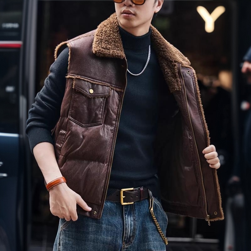 裂紋皮加厚羊羔絨棉衣馬甲男外套秋冬保暖棉服背心