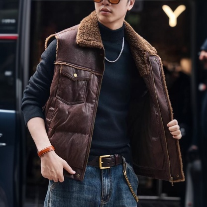 裂紋皮加厚羊羔絨棉衣馬甲男外套秋冬保暖棉服背心