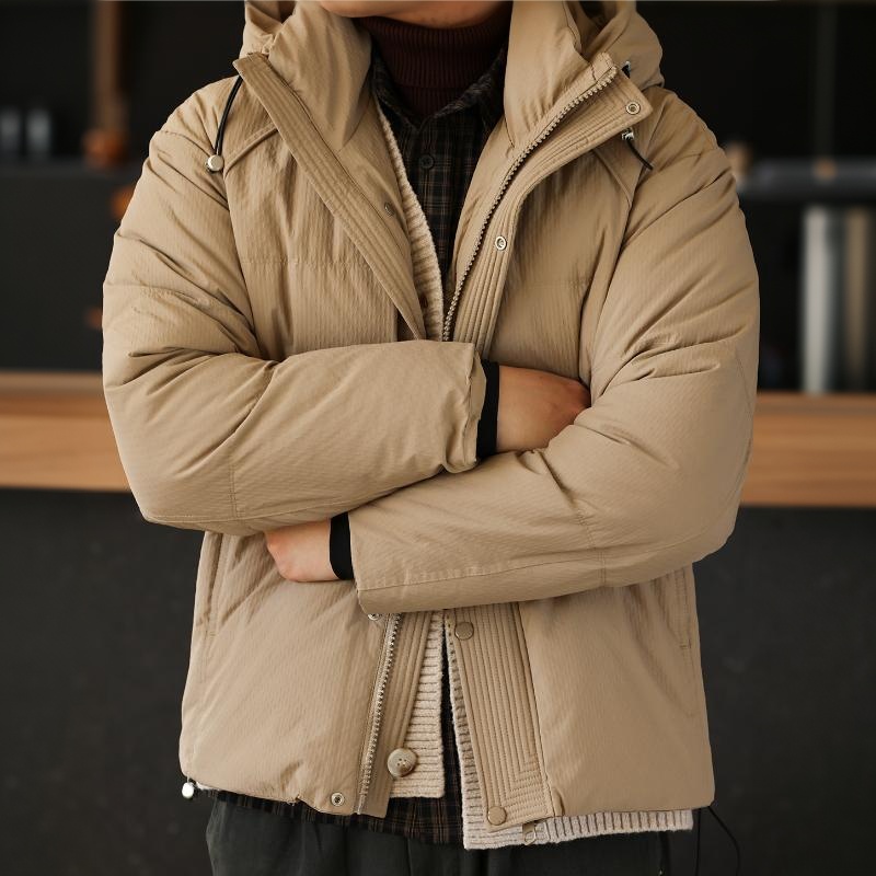 冬季泡泡肌理連帽羽絨服男美式復古90白鴨絨麵包服外套