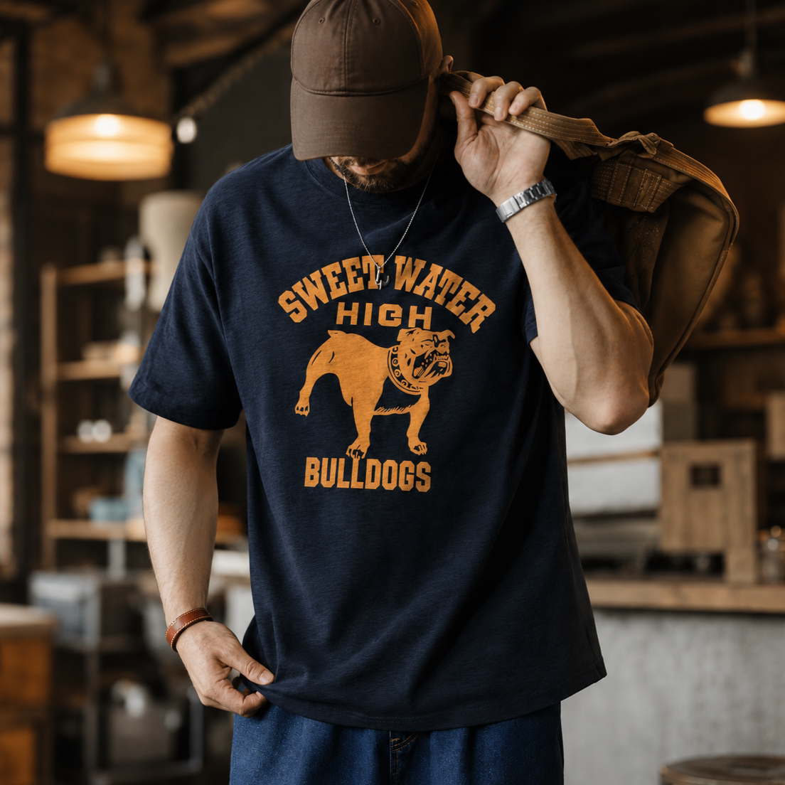 255克老竹節棉短袖T恤男士美式復古Bulldogs鬥牛犬印花上衣