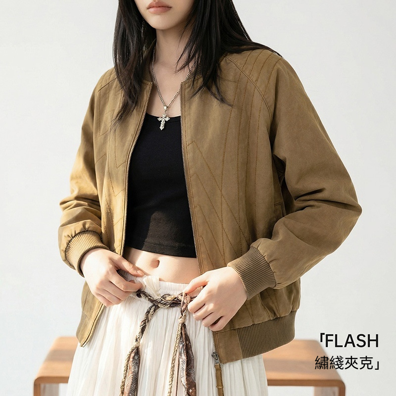 美式巴恩风棕色飞行棒球服领正肩工装夹克短款外套上衣女士春