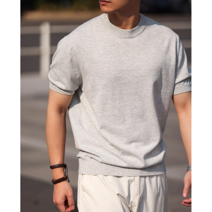 簡約老錢風短袖針織衫男高級感通勤休閒圓領收袖打底T恤
