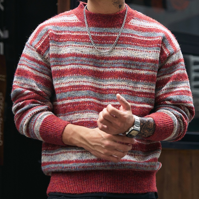 慵懶風撞色條紋圓領毛衣男2025冬季新款寬鬆復古加厚保暖針織衫