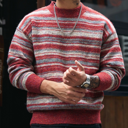 慵懶風撞色條紋圓領毛衣男2025冬季新款寬鬆復古加厚保暖針織衫