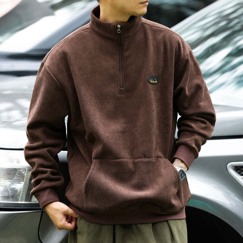 美式復古半拉鍊立領燈芯絨衛衣男加絨保暖cleanfit上衣外套-Retro's Wear