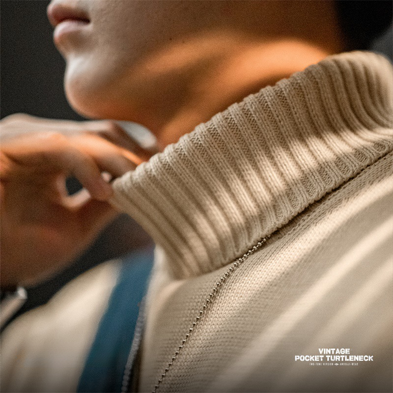 美式復古高領編織毛衣撞色條紋套頭保暖打底針織衫男秋冬-Retro's Wear