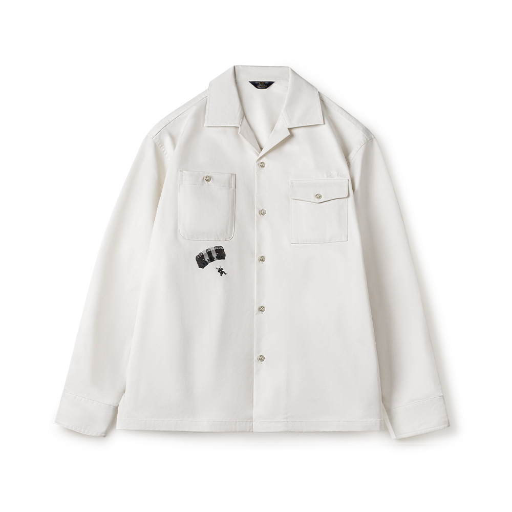 美式復古印花古巴領襯衫長袖寬鬆白色廓形襯衣外套男夏秋