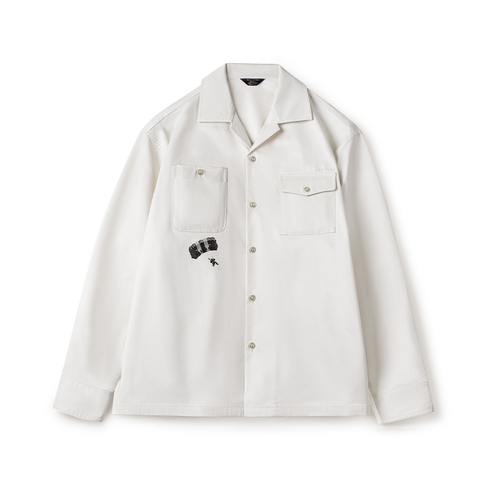 美式復古印花古巴領襯衫長袖寬鬆白色廓形襯衣外套男夏秋