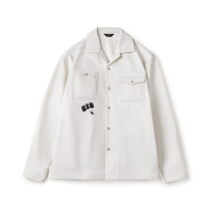 美式復古印花古巴領襯衫長袖寬鬆白色廓形襯衣外套男夏秋