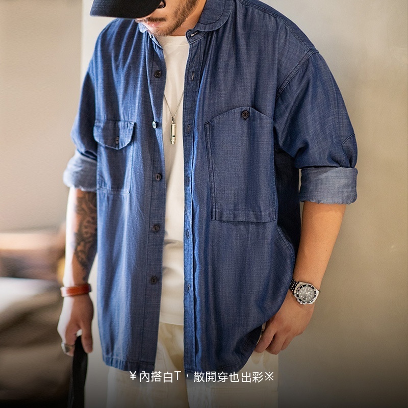 美式復古天絲牛仔襯衫丹寧萊賽爾長袖CPO襯衣外套男士-Retro's Wear