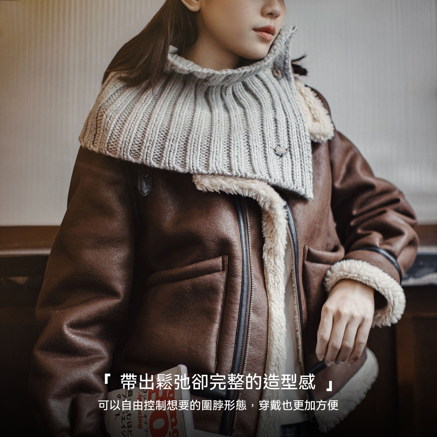 淺灰色毛線衣針織短圍巾加厚保暖假高領子脖套護頸女士秋冬季