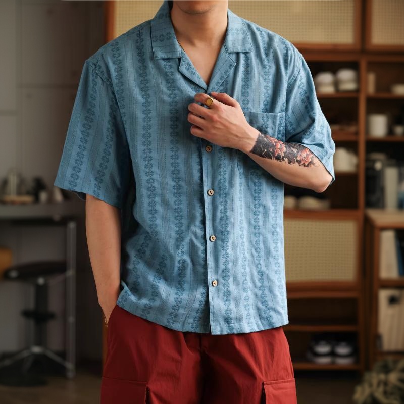 美式復古波西米亞短袖襯衣男夏威夷休閒度假古巴領襯衫