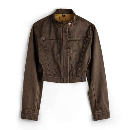 美式復古美拉德立領小眾油蠟麂皮夾克修身短款機車外套女士秋