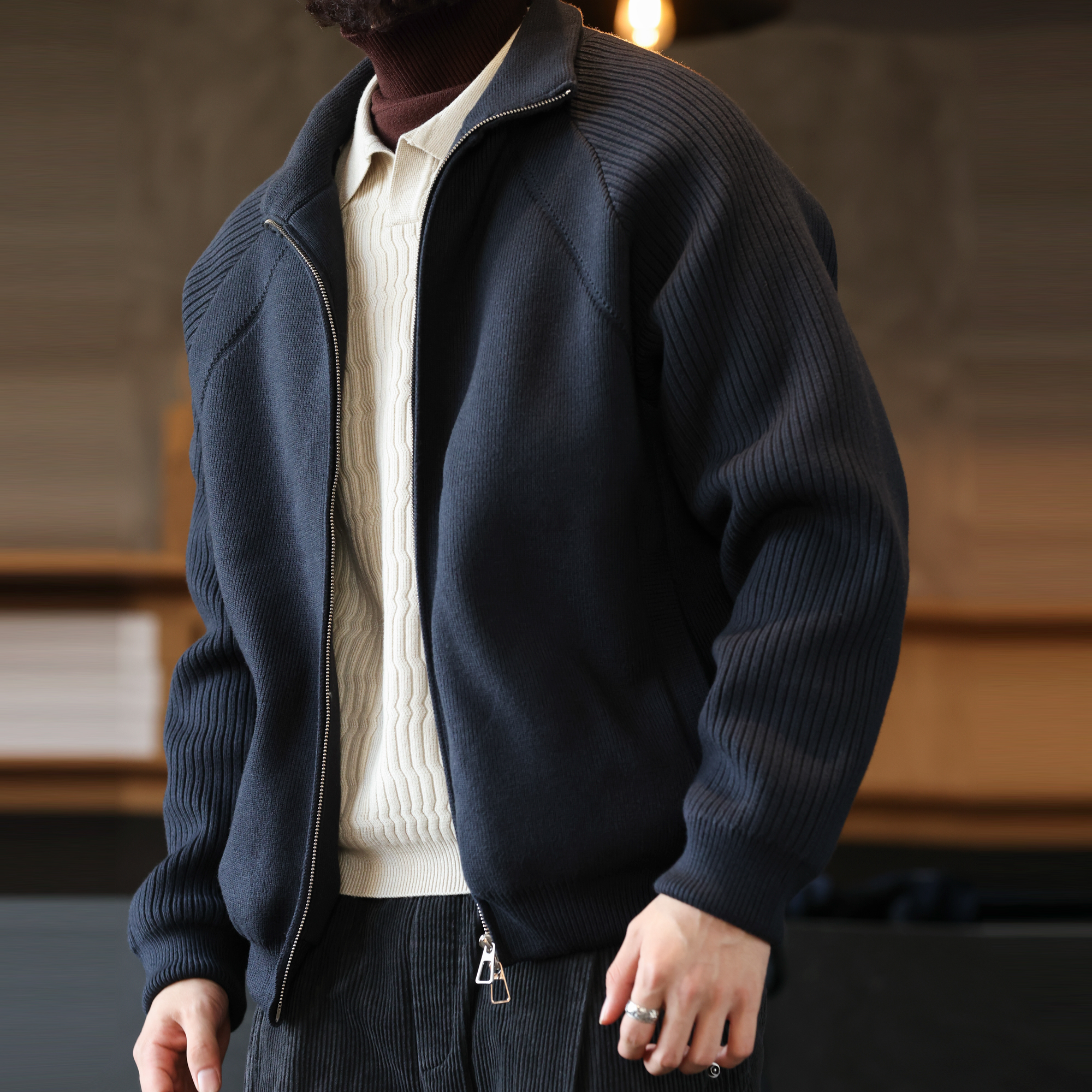 美式休閒保暖立領毛衣羽絨服男90絨灰色針織開衫外套冬