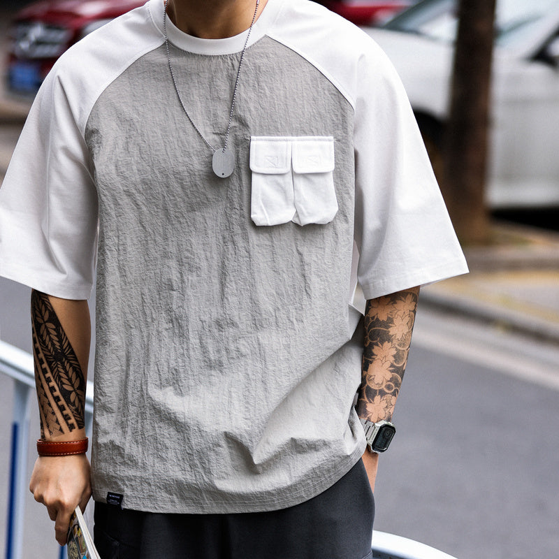 美式復古運動短袖T恤男寬鬆cityboy風格戶外休閒拼接口袋TEE-Retro's Wear