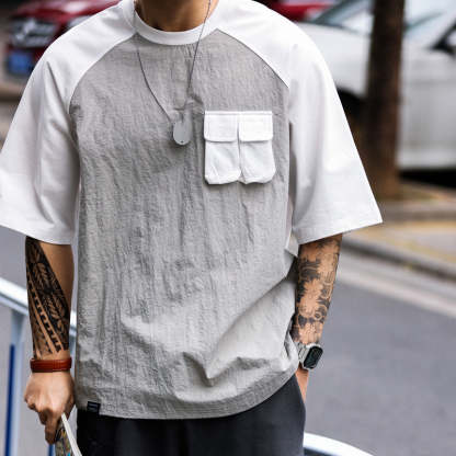 美式復古運動短袖T恤男寬鬆cityboy風格戶外休閒拼接口袋TEE-Retro's Wear