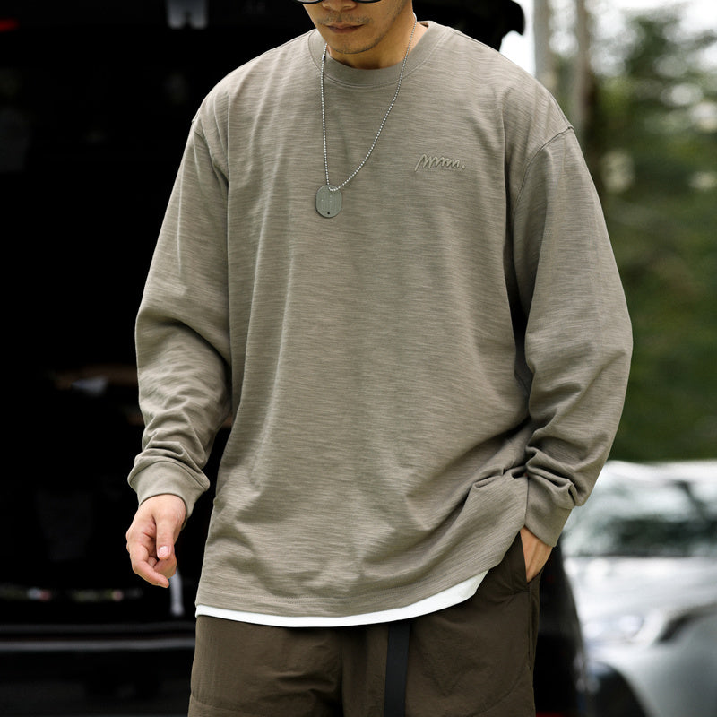 日系復古高密刺繡天竺棉長袖T恤男寬鬆cleanfit休閒打底衫秋-Retro's Wear