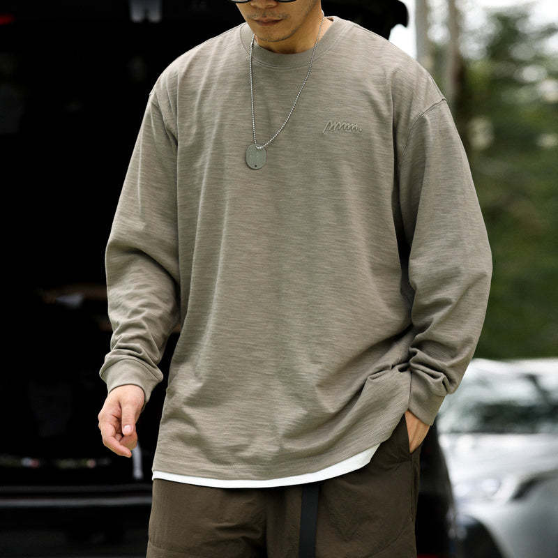 日系復古高密刺繡天竺棉長袖T恤男寬鬆cleanfit休閒打底衫秋-Retro's Wear