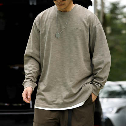 日系復古高密刺繡天竺棉長袖T恤男寬鬆cleanfit休閒打底衫秋-Retro's Wear