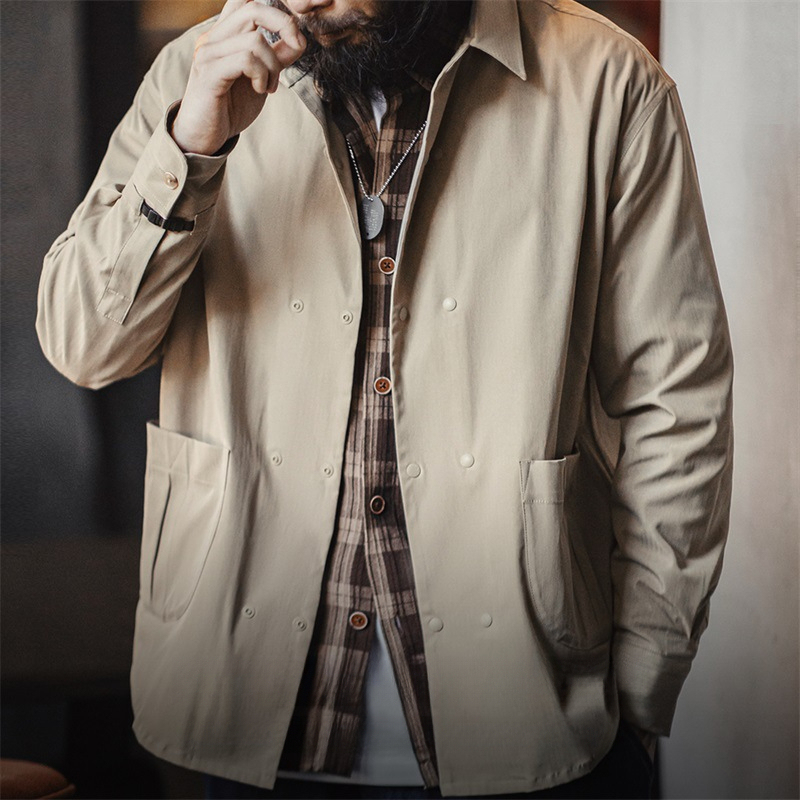 美式休閒人字紋雙排扣長袖襯衫百搭通勤翻領白襯衣男秋季-Retro's Wear