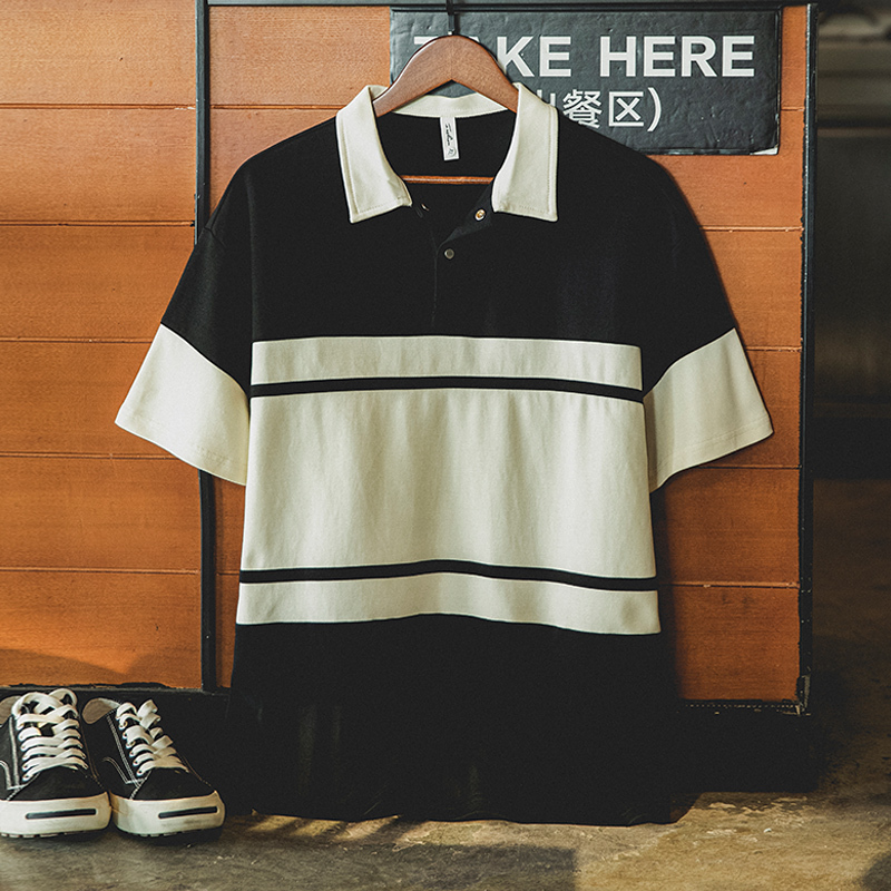 美式復古polo衫短袖男夏季2025新款撞色彈力上衣寬鬆拼接男士t恤